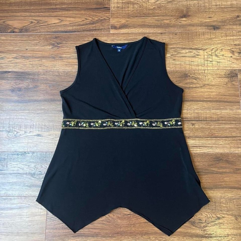 Retimans Y2K Black Sleeveless Wrap Top Women XL Asymmetrical Sequins Boho Party
